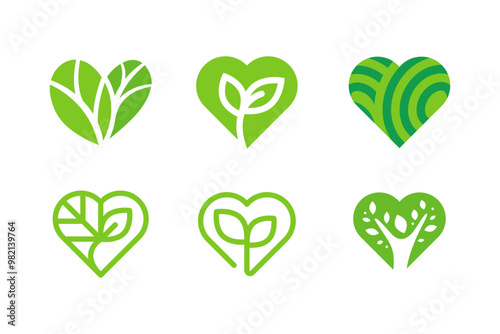 Leaf Love green heart logo, A set of green heart-shaped icons symbolizing love, nature, and eco-friendly concepts