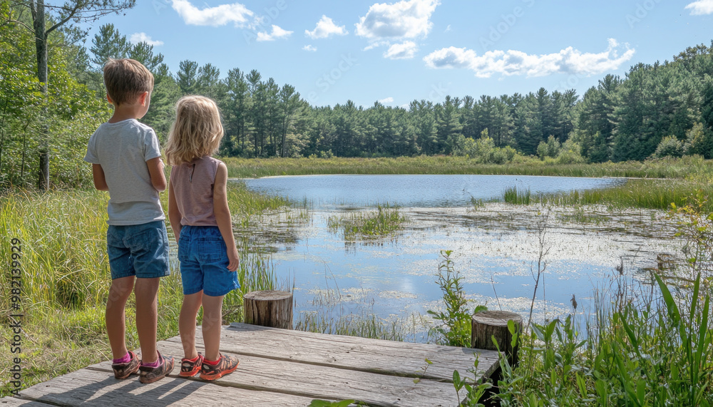Two children standing on a dock observing a lake on a sunny day Two children standing on a dock observing a lake on a sunny day
