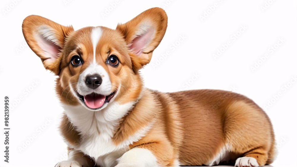 Happy puppy lying down with big ears and white fur on chest, looking at camera on white background. Happy puppy lying down with big ears and white fur on chest, looking at camera on white background.