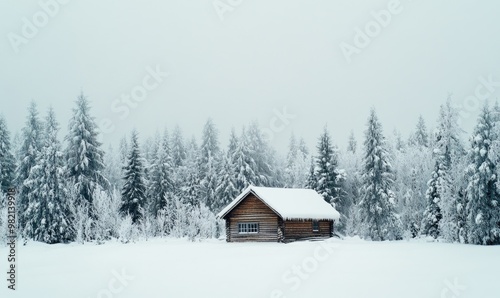 A small cabin is surrounded by trees covered in snow