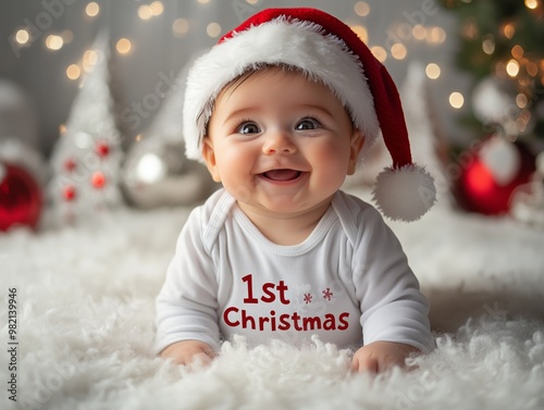 A cute baby wearing a white onesie with a red Santa hat, with the text 