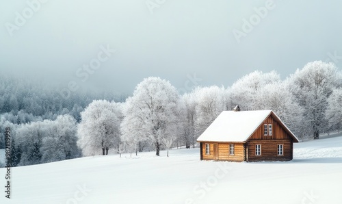 A small cabin is surrounded by trees and snow