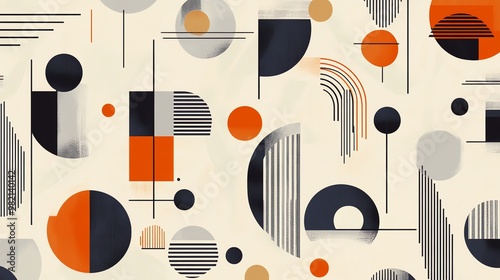 A geometric abstract pattern with circles, rectangles, lines, and stripes.