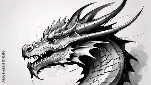 A detailed and realistic black and white digital painting of a dragon's head with sharp teeth and an angry expression.