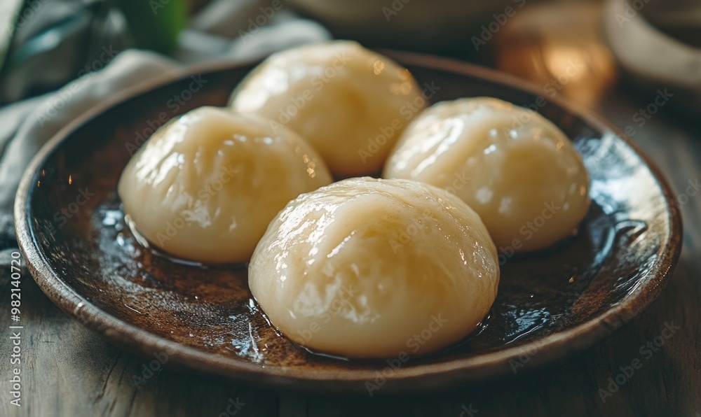 A plate of four small, round, yellow pastries A plate of four small, round, yellow pastries