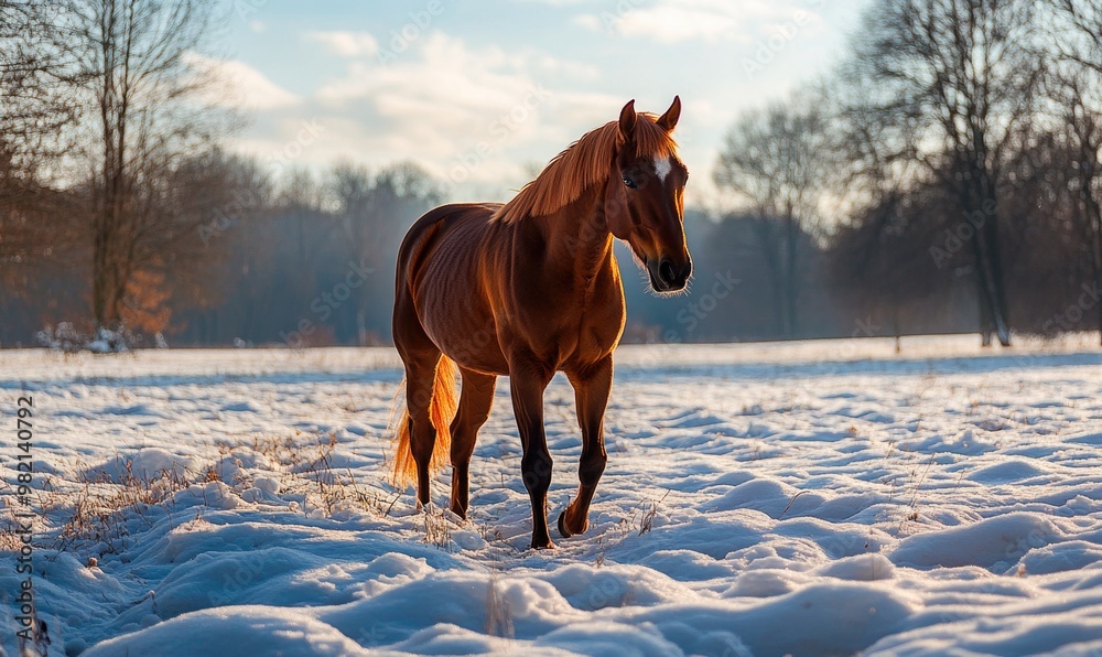 A brown horse is walking through a snowy field A brown horse is walking through a snowy field