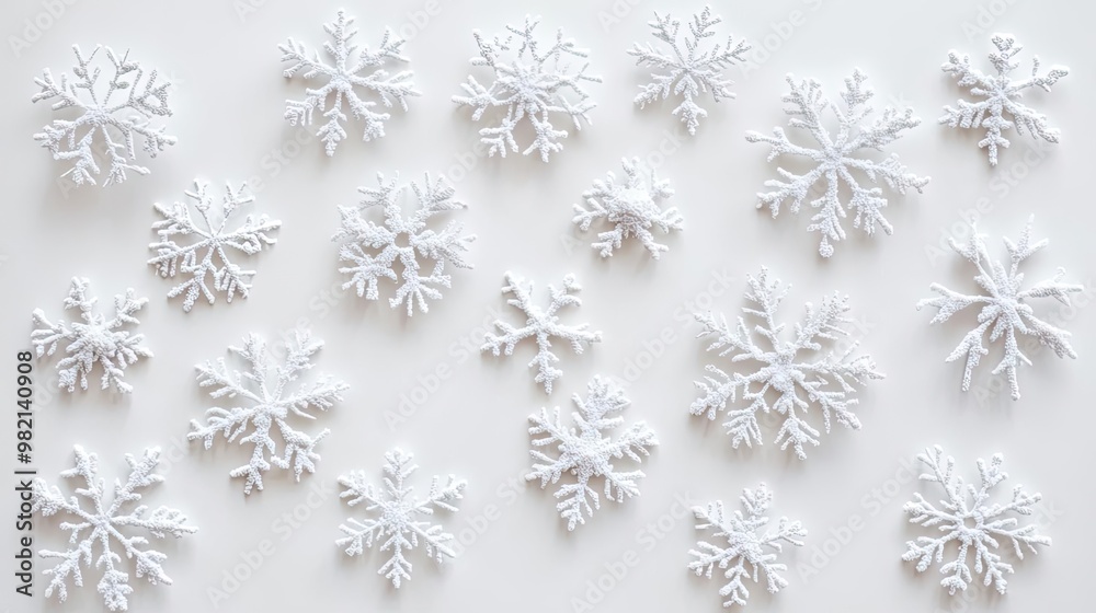 A collection of intricately designed white snowflakes on a light background, perfect for winter-themed projects and decorations. A collection of intricately designed white snowflakes on a light background, perfect for winter-themed projects and decorations.
