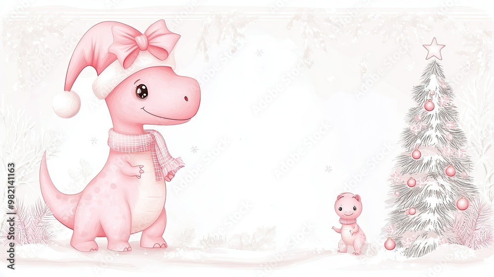 Naklejka premium A cute pink dinosaur in a Santa hat stands beside a small creature near a decorated Christmas tree, creating a whimsical holiday scene.