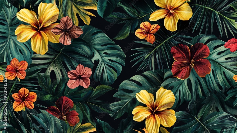 Tropical leaves and flowers in vibrant colors on a dark background. Tropical leaves and flowers in vibrant colors on a dark background.