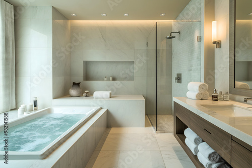 A sleek, clutter-free bathroom with clean lines and a floating vanity