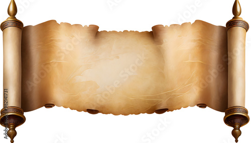Old paper or parchment scroll ancient papyrus isolated on white background. Generative AI.
