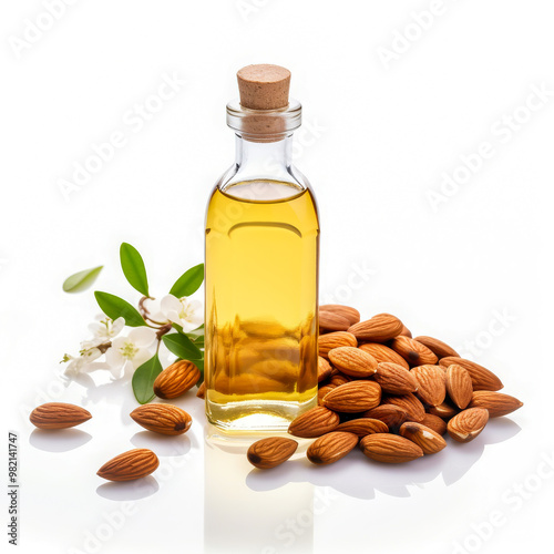 Glass bottle of almond oil surrounded by fresh almonds and almond blossoms ,representing natural skincare or cooking ingredients