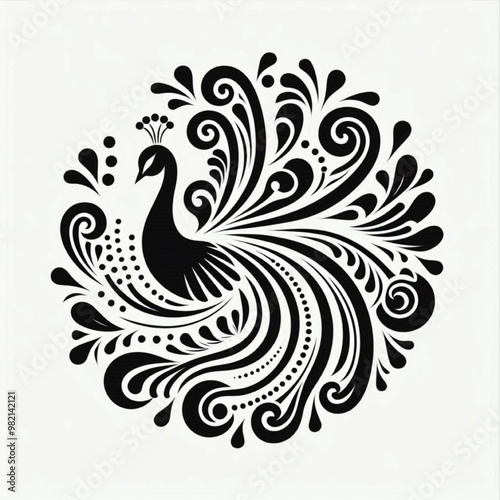 black and white peacock illustration with batik pattern combination