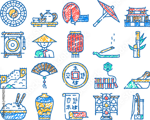 chinese accessory and tradition doodle icons set vector. sketch line art chinese great wall and temple building, lantern and umbrella, asian tea and oriental food dish calendar hat color illustrations