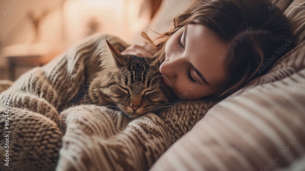 Woman Sleeping with Cat in Cozy Bed Woman Sleeping with Cat in Cozy Bed