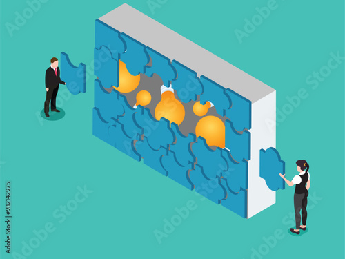 Two professionals collaborating to solve a puzzle against a bright turquoise background during a team-building exercise 3d isometric vector illustration
