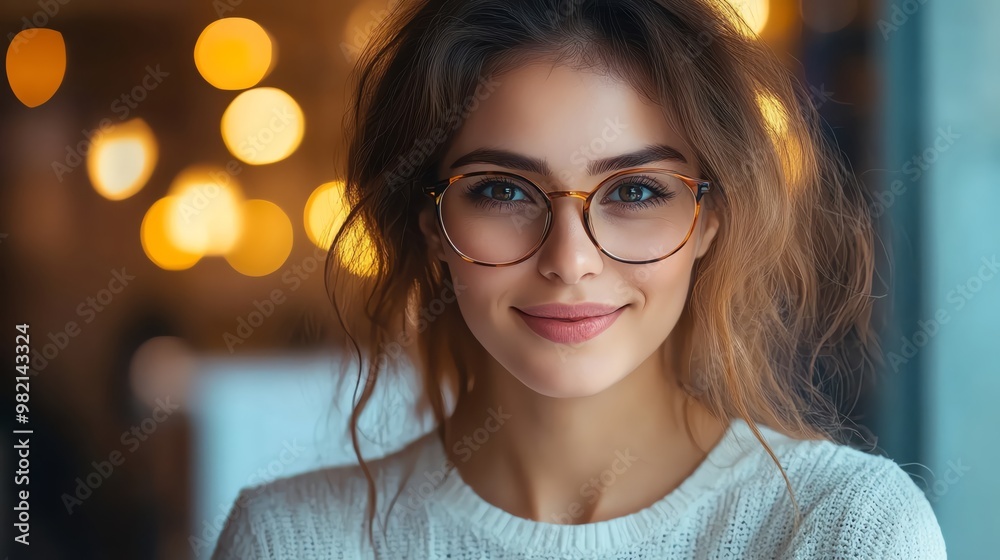 A cheerful young woman wearing glasses, smiling warmly in a cozy cafe with soft bokeh lights in the background.