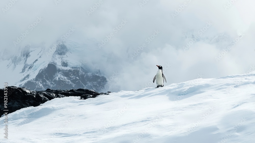 A penguin is standing on a snowy mountain A penguin is standing on a snowy mountain