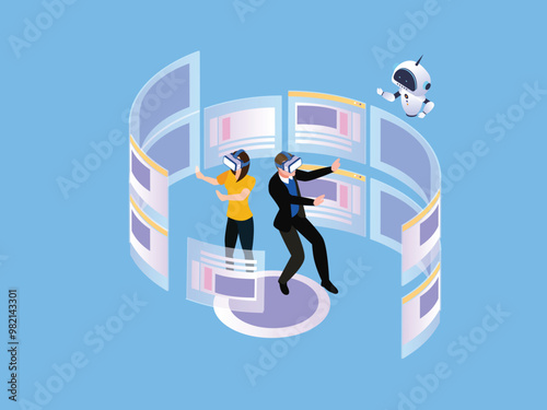 Virtual Reality Collaboration with AI 3d isometric vector illustration