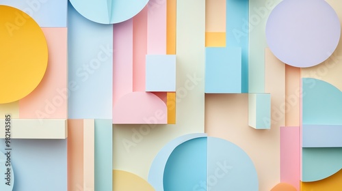 Colorful geometric shapes create an abstract background in pastel shades.