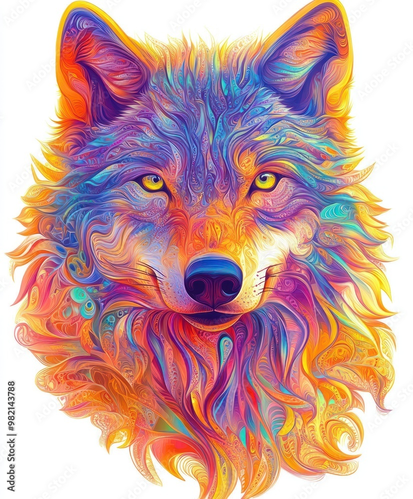 Naklejka premium A vibrant, colorful illustration of a wolf's head with intricate patterns and textures.