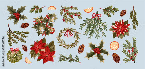 Vintage set of Christmas evergreen plants. Traditional Xmas decorations: door fir wreath, pine branches with cones, spruce tree twigs, holly berries and mistletoe. Flat isolated vector illustrations