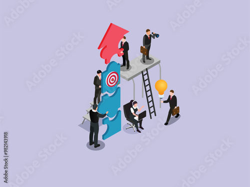 Business professionals collaborating on growth strategies while standing on an upward arrow platform 3d isometric vector illustration