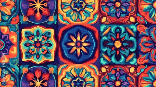 Colorful and vibrant mosaic tile pattern with floral designs.