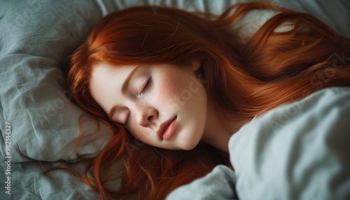 Serene slumber of a young woman with flowing red hair enveloped in tranquility