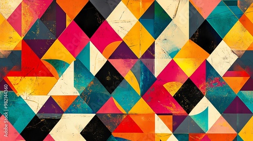 A colorful geometric pattern with triangles, squares, and rectangles.