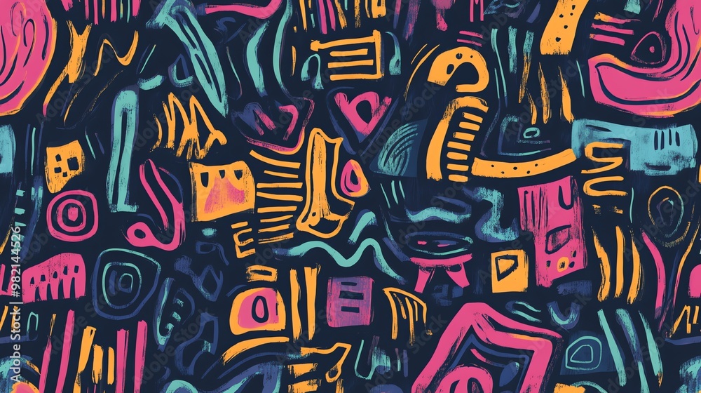 Abstract pattern with various colorful shapes on a dark background. Abstract pattern with various colorful shapes on a dark background.