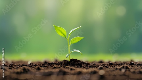 Single green seedling growing in fertile soil with blurred green background