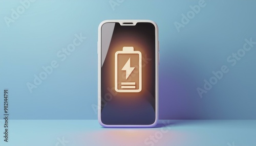 A smartphone displaying a charging battery icon on a blue background, symbolizing technology and power.