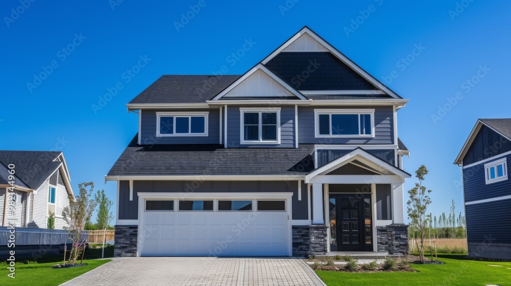 Modern Two-Story House with Stone Accents and Landscaped Yard Modern Two-Story House with Stone Accents and Landscaped Yard