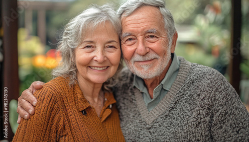 Happy senior couple smiling and embracing outdoors in a garden