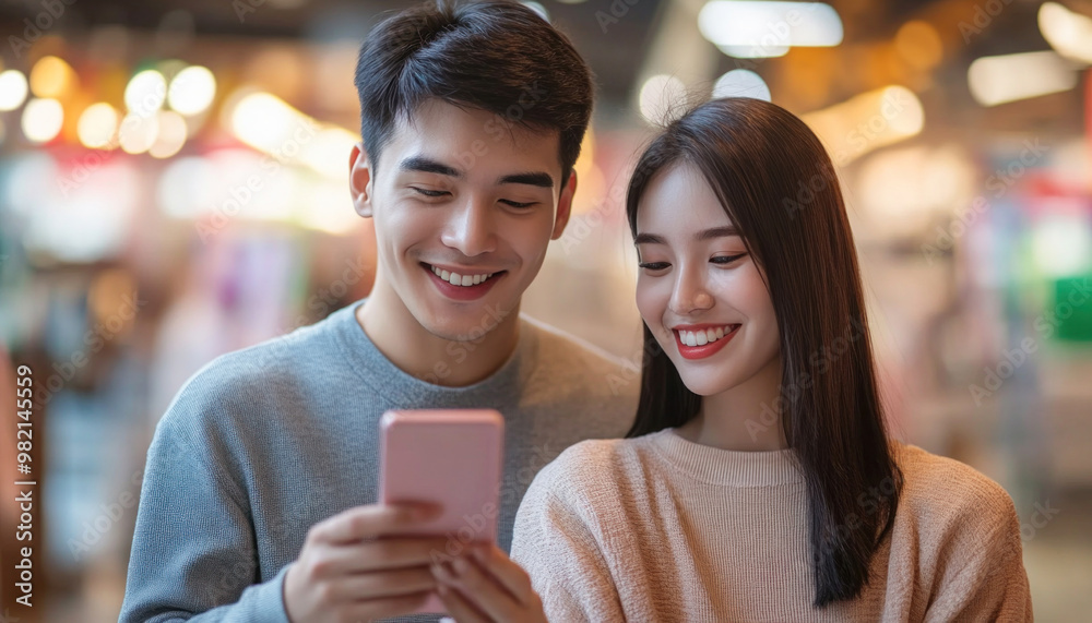 Young asian couple smiling and using smartphone in shopping mall Young asian couple smiling and using smartphone in shopping mall