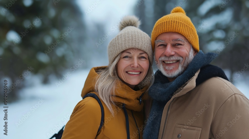 A smiling senior couple dressed in warm winter jackets and knit hats, standing outdoors in a snowy landscape. They are looking at the camera, radiating happiness and warmth. A smiling senior couple dressed in warm winter jackets and knit hats, standing outdoors in a snowy landscape. They are looking at the camera, radiating happiness and warmth.