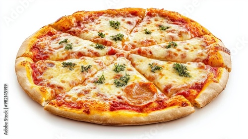 A slice of pizza with cheese and herbs on top