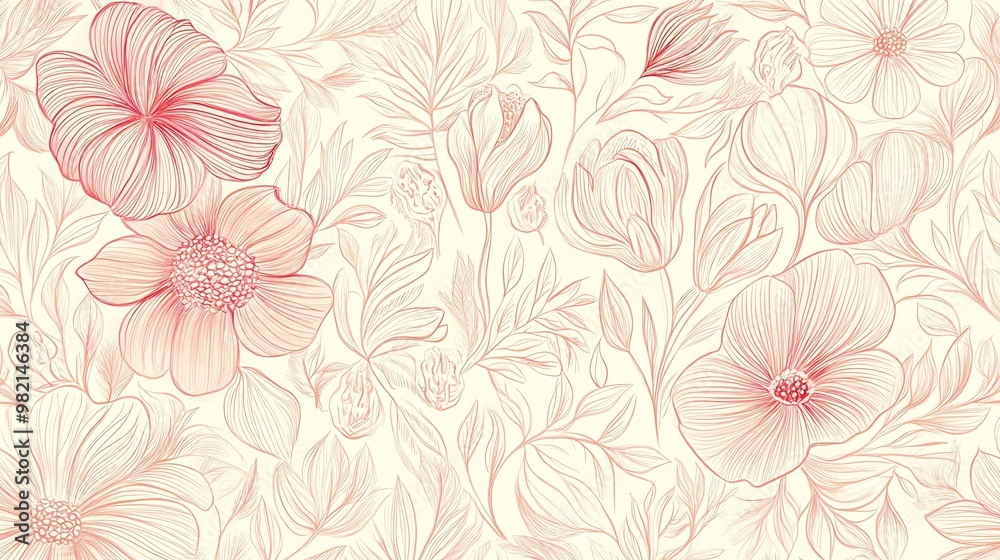 Seamless floral pattern with delicate line art flowers in pink and white. Seamless floral pattern with delicate line art flowers in pink and white.