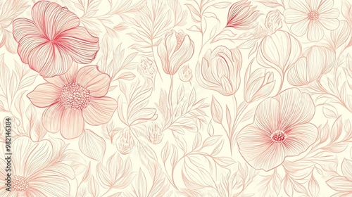 Seamless floral pattern with delicate line art flowers in pink and white.