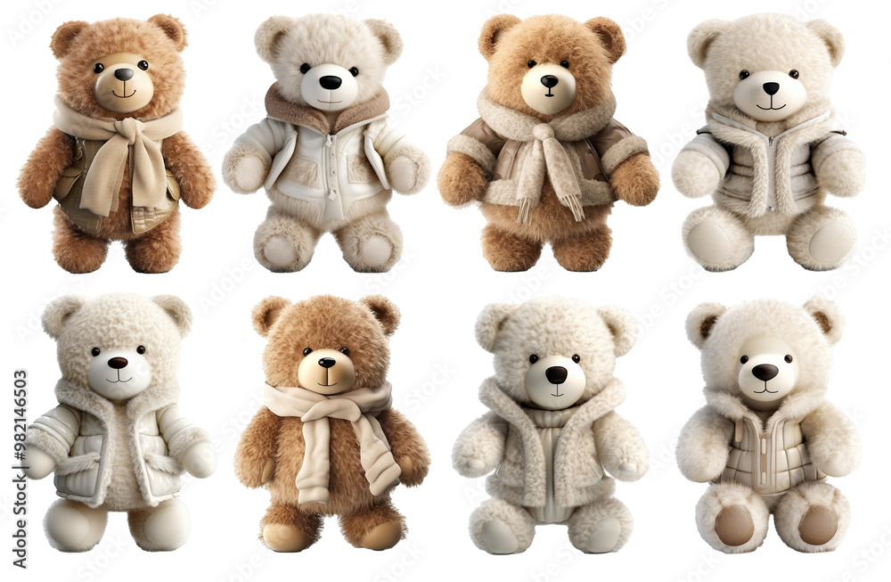 A set of images of teddy bears in a warm jacket or with a scarf. The theme of the winter season. A set of images of teddy bears in a warm jacket or with a scarf. The theme of the winter season.