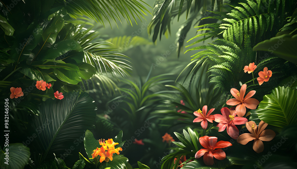 A lush jungle scene with vibrant green leaves and exotic flowers, bringing the warmth of the tropics to your screen