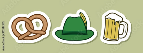 Oktoberfest sticker set, beer, pretzel and alpine hat, vector design elements