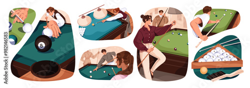 People play pool at billiard table set. Snooker player aims at ball to hit into pocket. Men and women have fun, do cue sport game in leisure. Flat isolated vector illustrations on white background