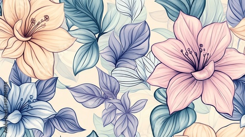 Colorful floral pattern with pink, blue and yellow flowers and leaves.