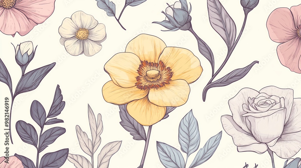 A delicate floral pattern with various flowers and leaves in pastel colors on a white background. A delicate floral pattern with various flowers and leaves in pastel colors on a white background.