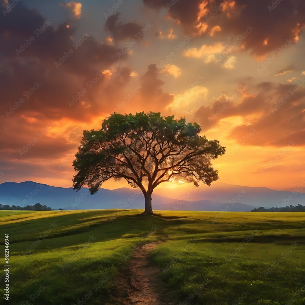 Fototapeta premium Tree, sun, sky with Natural view Background Photo or Walpaper. Ai Generated