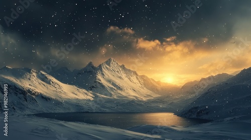 A beautiful snowy landscape with a lake in the foreground