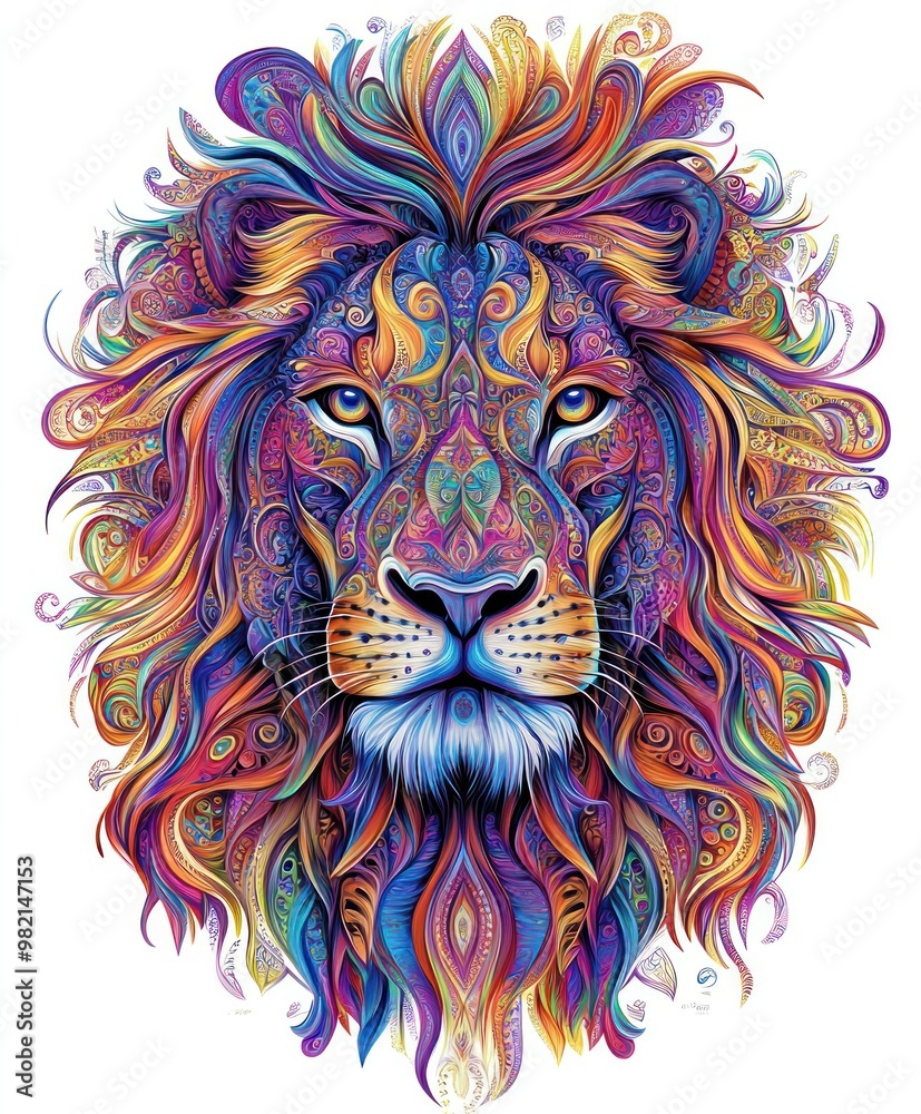 A vibrant, colorful illustration of a lion's face with intricate patterns and designs. A vibrant, colorful illustration of a lion's face with intricate patterns and designs.