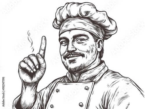 Chef s hand gesture of approval in a culinary context depicted in a 2D cartoon style Hand drawn illustration of a male cook in black and white photo